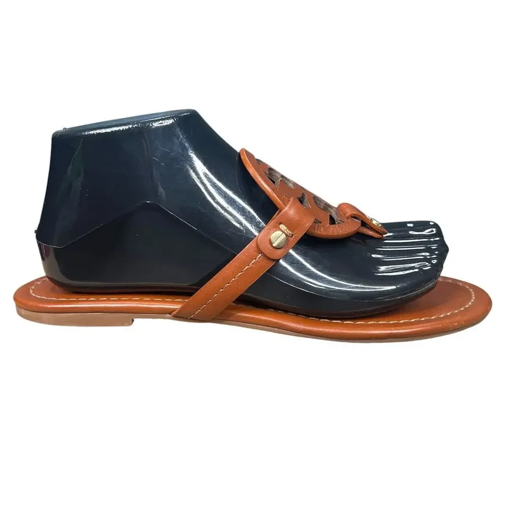 Tory Burch Miller Flat Brown Leather Thong Sandals Size 9.5